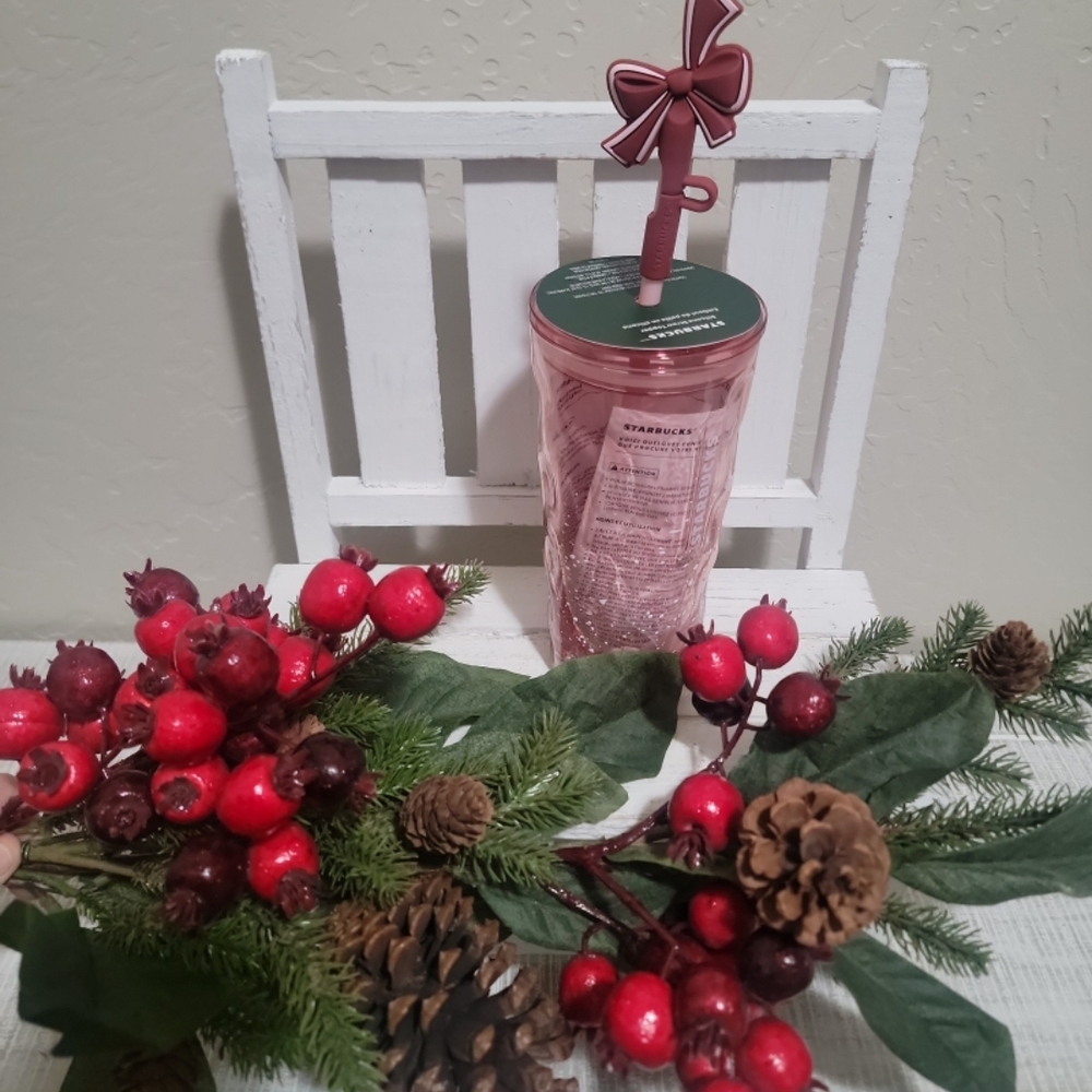 Starbucks 2025 Holiday Pink Speckled Glass Tumbler with Bow Topper